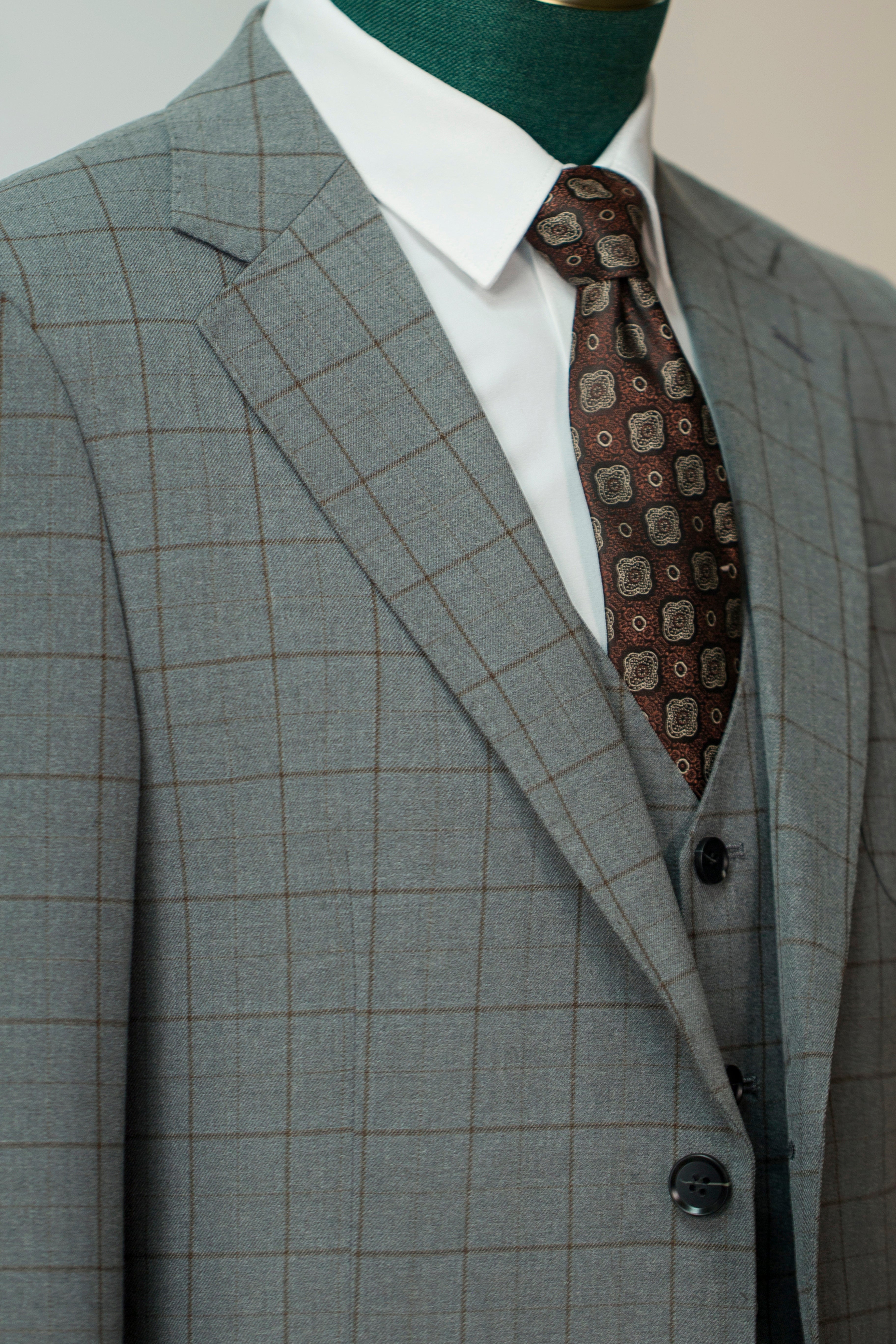 Three-Piece Windowpane Check Wool Suit | Tailored Formal Groom & Business Suit