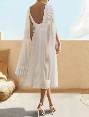 Elegantes Kleid, halbformell, teelang, kurzärmelig, V-Ausschnitt, Chiffon für Hochzeitsgäste im Herbst mit Schal, Cocktailkleider