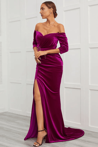 Kleid für die Brautmutter im Meerjungfrauenstil, schulterfrei, mit Schlitz vorne