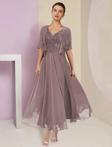 Kleid für die Mutter der Braut, formelle Hochzeitsgäste, elegant, V-Ausschnitt, knielang, Chiffon, Spitze, kurzärmelig, Jackenkleider mit Falten