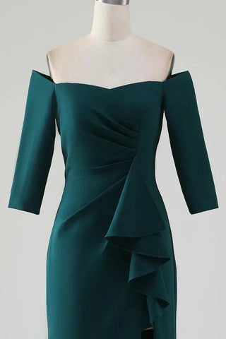 Kleid für die Brautmutter, Meerjungfrau, schulterfrei, kaskadierendes Rüschenkleid mit Schlitz