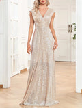 Abito Elegante da Cerimonia per Ospiti di Nozze Lungo fino a Terra Senza Maniche Scollatura a V con Paillettes per Feste