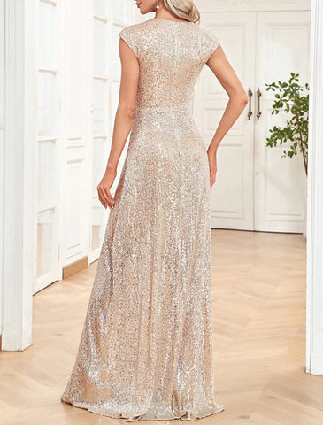 Elegantes Kleid für formelle Hochzeitsgäste, bodenlang, ärmellos, V-Ausschnitt, mit Pailletten