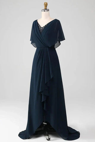 Kleid für die Brautmutter, A-Linie, V-Ausschnitt, asymmetrisch, Pailletten mit Perlenbesatz