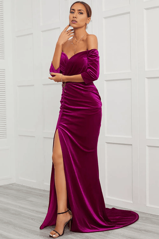 Kleid für die Brautmutter im Meerjungfrauenstil, schulterfrei, mit Schlitz vorne