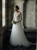 Abito da sposa lungo affascinante con scollo a V, maniche lunghe e linea a trapezio in tulle e pizzo, DB10745
