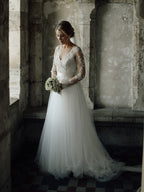 Charming V-neck Long Sleeve A-line Tulle Lace Long Wedding Dresses, DB10745