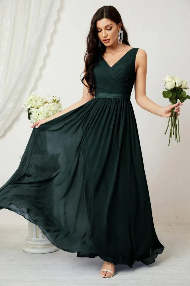 Vestido de dama de honor largo de gasa para mujer, línea A sin mangas, vestido formal de baile de graduación para fiesta nocturna, vestido de regreso a casa 2808