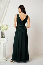 Abito da Sera Donna in Chiffon Lungo per Damigelle, Scollato, Senza Maniche, Linea A, per Feste Serali, Ballo di Fine Anno e Homecoming, Modello 2808