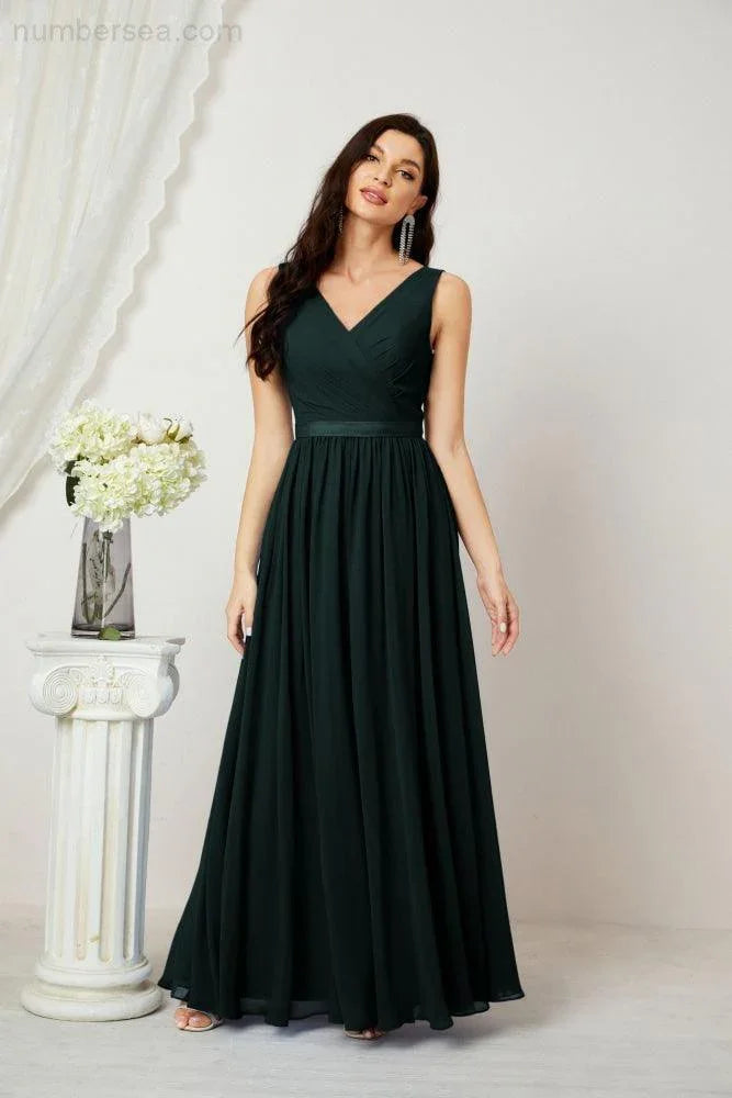 Abito da Sera Donna in Chiffon Lungo per Damigelle, Scollato, Senza Maniche, Linea A, per Feste Serali, Ballo di Fine Anno e Homecoming, Modello 2808