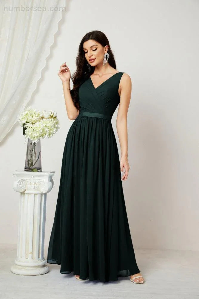 Abito da Sera Donna in Chiffon Lungo per Damigelle, Scollato, Senza Maniche, Linea A, per Feste Serali, Ballo di Fine Anno e Homecoming, Modello 2808