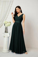 Abito da Sera Donna in Chiffon Lungo per Damigelle, Scollato, Senza Maniche, Linea A, per Feste Serali, Ballo di Fine Anno e Homecoming, Modello 2808