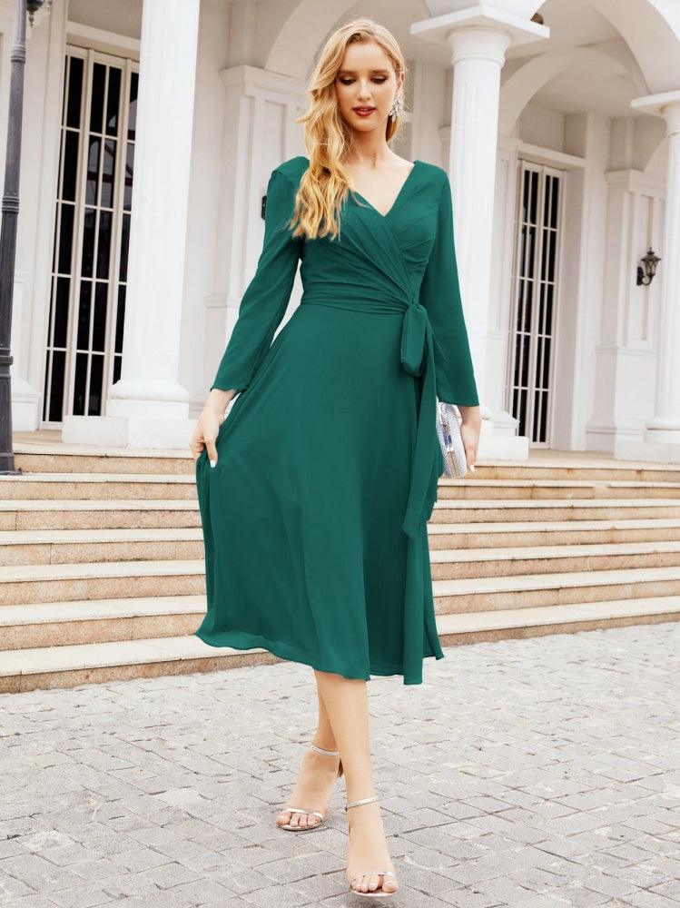 Vestido de madrinha com decote em V e cinto para mãe da noiva e convidada de casamento 28031 