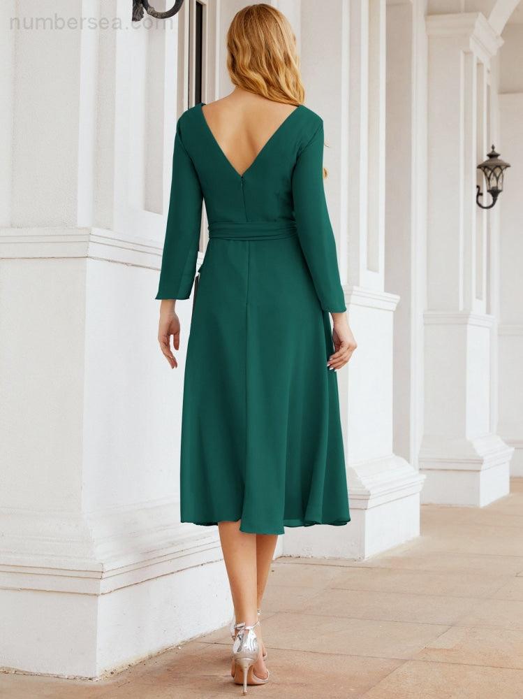 Vestido de madrinha com decote em V e cinto para mãe da noiva e convidada de casamento 28031 