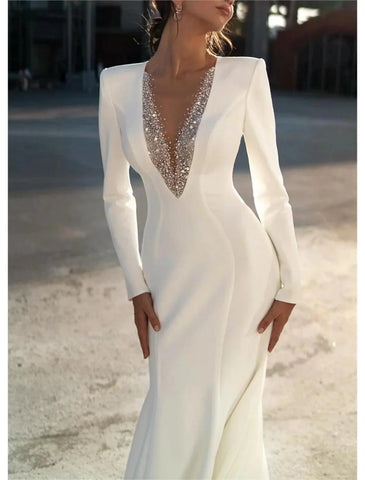 Formelle Brautkleider Trompete/Meerjungfrau-Linie V-Ausschnitt Langarm Pinselschleppe Chiffon Brautkleider