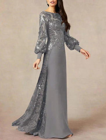 Formelles Hochzeitsgast-Kleid, elegant, mit Rundhalsausschnitt, bodenlang, Chiffon, Pailletten, lange Ärmel und Pailletten, für die Mutter der Braut