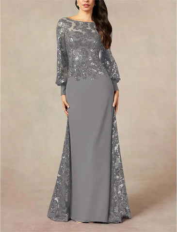 Formelles Hochzeitsgast-Kleid, elegant, mit Rundhalsausschnitt, bodenlang, Chiffon, Pailletten, lange Ärmel und Pailletten, für die Mutter der Braut