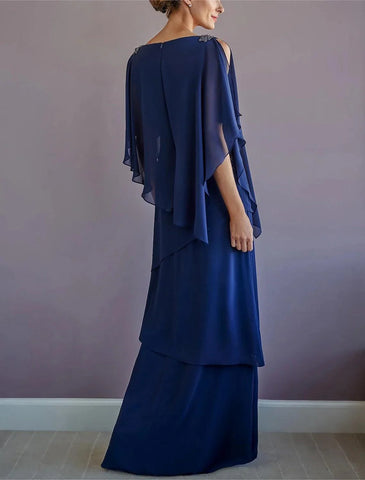 Kleid für die Mutter der Braut, formeller Hochzeitsgast, eleganter Halsausschnitt, bodenlang, Chiffon, halbe Ärmel mit Rüschen