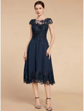 Vestido de mãe da noiva elegante, pequeno, com decote redondo, comprimento chá, de chiffon e renda, manga curta, com lantejoulas, cor sólida