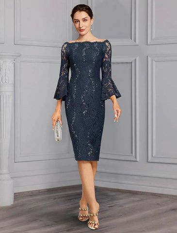 Formeller Hochzeitsgast, elegante Party, schulterfrei, knielang, Chiffon, Spitze, Kunstseide, 3/4-Ärmel, mit Schleife(n), Kleid für die Mutter der Braut