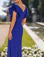 Kleid Elegantes Mutterkleid Formale Hochzeitsgäste Bodenlange Kurzarm V-Ausschnitt Stretch-Krepp mit Falten Kristallen Kleider für die Brautmutter