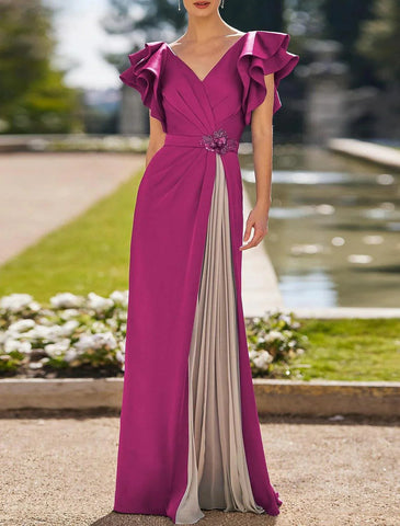 Kleid Elegantes Mutterkleid Formale Hochzeitsgäste Bodenlange Kurzarm V-Ausschnitt Stretch-Krepp mit Falten Kristallen Kleider für die Brautmutter