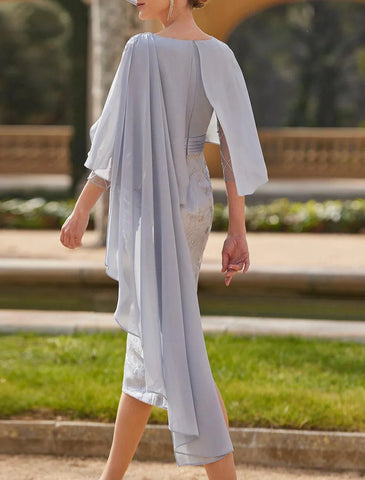 Elegantes Elegantes Kleid Cape-Kleid Rundhalsausschnitt Teelänge Chiffon 3/4-Ärmel mit Schärpe/Band-Applikationen Kleid für die Brautmutter