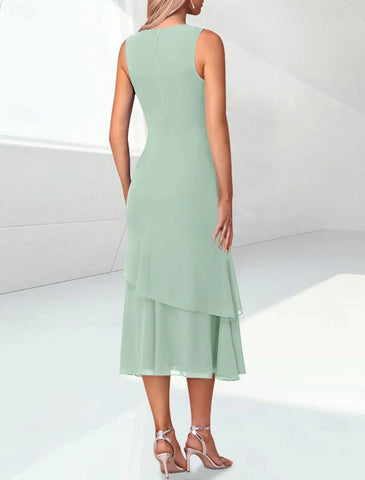 Elegantes, gestuftes Chiffon-Überkleid mit 3/4-Ärmeln für Hochzeitsgäste im Kleid für die Brautmutter enthalten