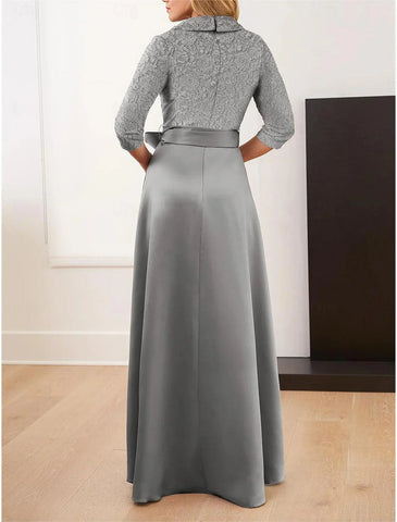 Formeller Hochzeitsgast, eleganter Hemdkragen, bodenlange Spitze, Pailletten, italienischer Satin, 3/4-Ärmel mit Schärpe/Schleife(n), Paillettenkleid für die Brautmutter