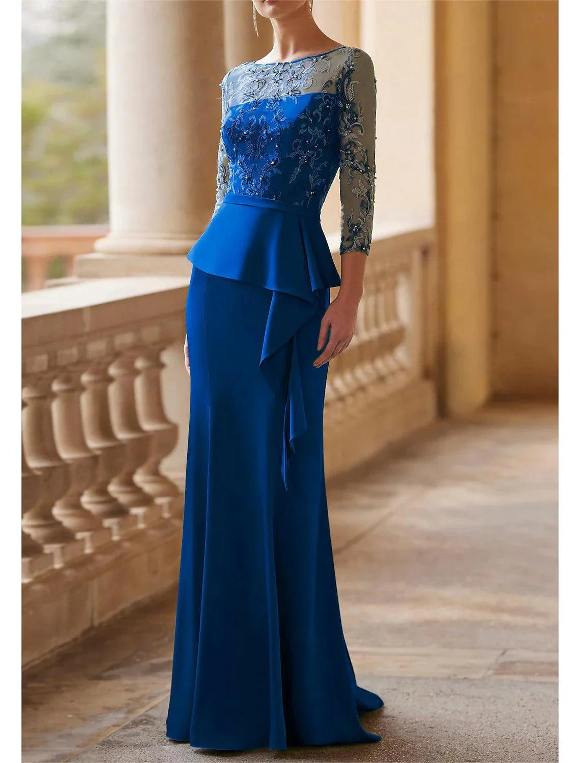 Vestido de festa para convidados de casamento, elegante, vintage, com decote ilusão, comprimento até ao chão, renda, tecido elástico, manga 3/4, meia manga com faixa/fita, franzido, missangas, para mãe da noiva