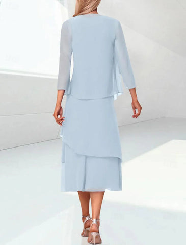 Elegantes, gestuftes Chiffon-Überkleid mit 3/4-Ärmeln für Hochzeitsgäste im Kleid für die Brautmutter enthalten