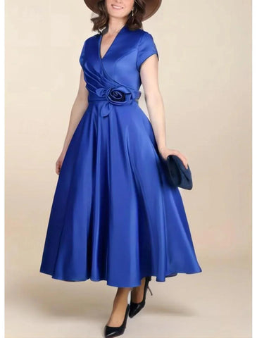 Elegantes Vintage-Partykleid mit V-Ausschnitt, knielang, Satin, kurze Ärmel, gerüscht, Blumenmuster, Mutter der Braut