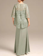 Vestido elegante para convidada de casamento, decote em joia, comprimento até ao chão, cetim com renda, meia manga e bordado, vestido para mãe da noiva