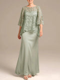 Elegante Abito da Invitato di Nozze Scollo a Gioiello Lungo fino a Terra Satin Pizzo Mezza Manica con Ricamo Abito per la Madre della Sposa