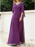 Elegantes Kleid für die Brautmutter mit V-Ausschnitt und bodenlangem Chiffon mit halben Ärmeln und Perlenstickerei