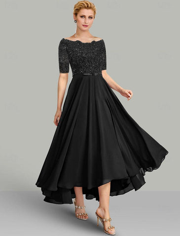 Kleid für die Brautmutter, elegant, hoch und niedrig, schulterfrei, asymmetrisch, Chiffon, Spitze, halbe Ärmel mit Spitzenschärpe