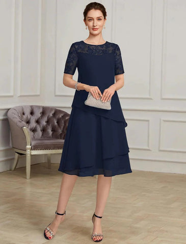 Kleid für die Brautmutter, elegant, mit Juwelenhalsausschnitt, kurze Ärmel, Chiffon, mit Spitze