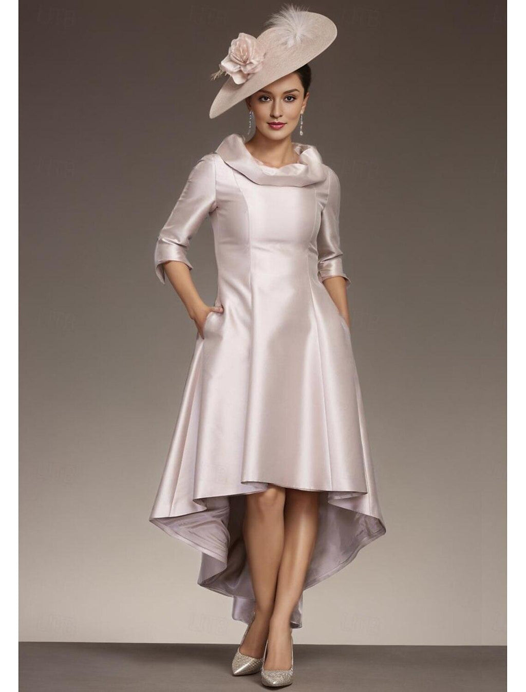 Elegant Jewel Neck Asymmetrical Satin 3/4 Length Sleeve with Draping Mother of the Bride Dress