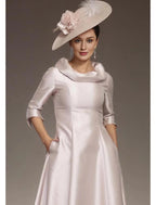 Elegant Jewel Neck Asymmetrical Satin 3/4 Length Sleeve with Draping Mother of the Bride Dress