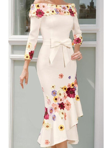 Elegantes, schulterfreies, bodenlanges Kleid aus Stretch-Stoff mit 3/4-Ärmeln und Schleife(n), gerüschtes Kleid für die Brautmutter