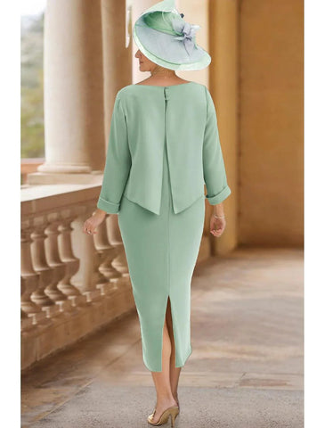 Elegantes Kleid für die Brautmutter mit Rundhalsausschnitt und knielangem Stretchstoff, 3/4-Ärmel und Falten