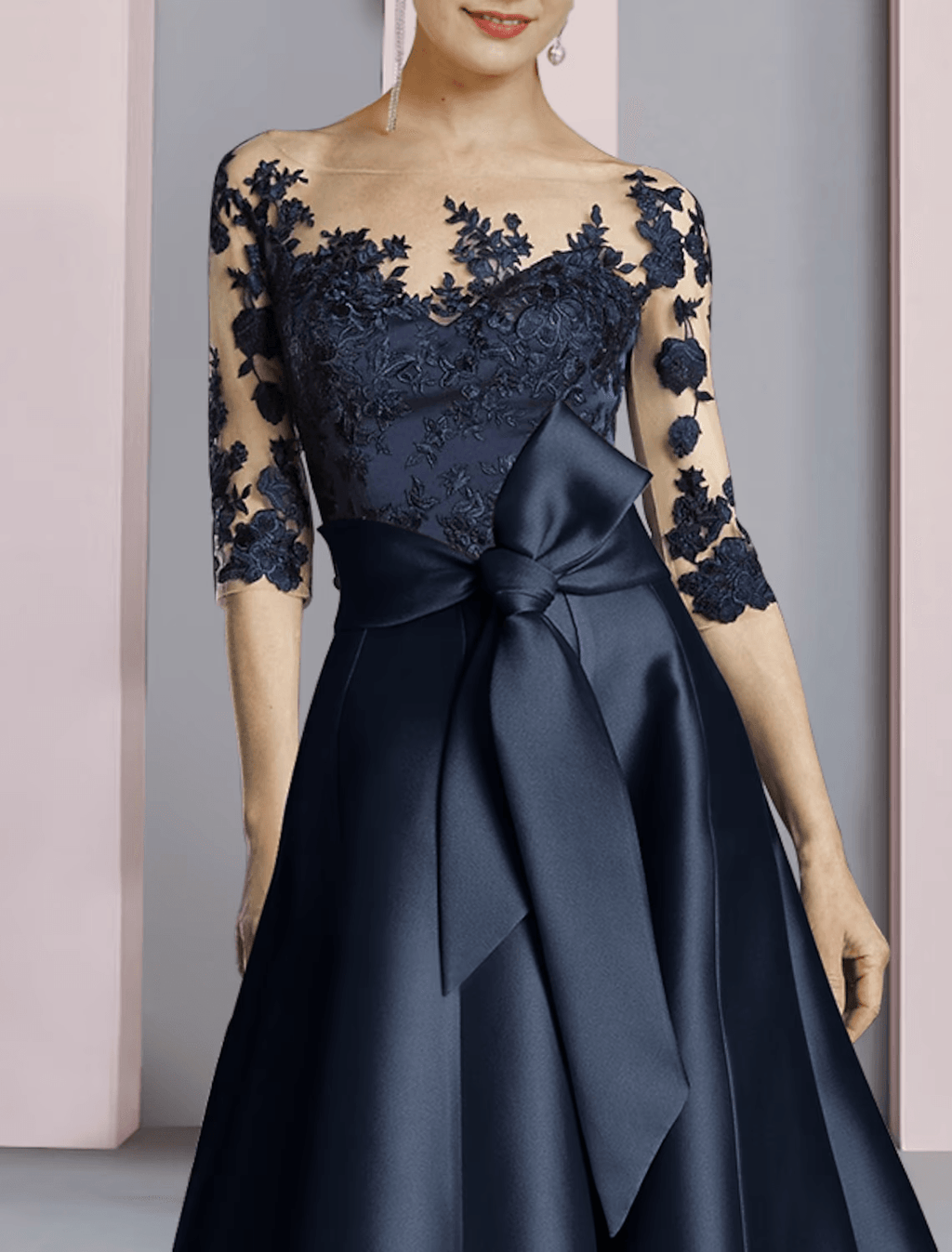 Etuikleid/Säulenkleid für die Brautmutter, Partykleid, elegant, U-Ausschnitt, knöchellang, Satin, Spitze, halbe Ärmel, mit Schleife(n), Falten