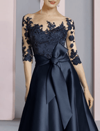 Etuikleid/Säulenkleid für die Brautmutter, Partykleid, elegant, U-Ausschnitt, knöchellang, Satin, Spitze, halbe Ärmel, mit Schleife(n), Falten