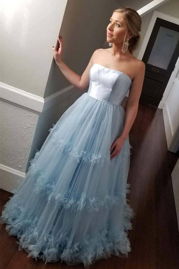 Vestido de baile azul claro, sem alças, corte A, vestido de noite PSK237