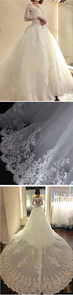 Abito da sposa a pallone con strascico cattedrale, maniche lunghe in filato, applicazioni di pizzo sul retro, design unico e mozzafiato, WD0179