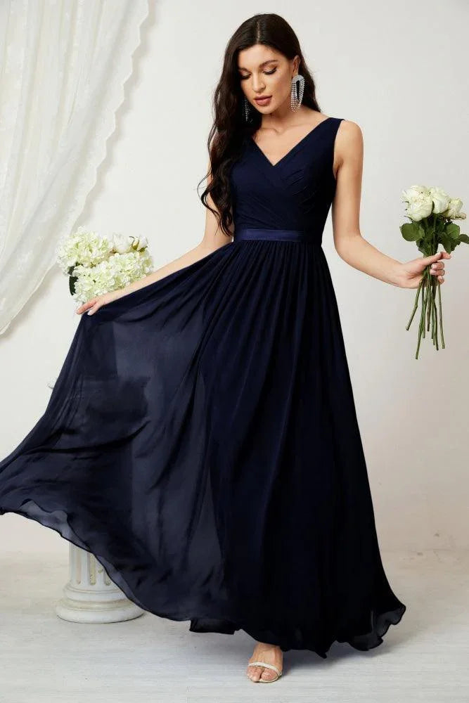 Vestido de dama de honor largo de gasa para mujer, línea A sin mangas, vestido formal de baile de graduación para fiesta nocturna, vestido de regreso a casa 2808