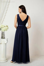 Abito da Sera Donna in Chiffon Lungo per Damigelle, Scollato, Senza Maniche, Linea A, per Feste Serali, Ballo di Fine Anno e Homecoming, Modello 2808