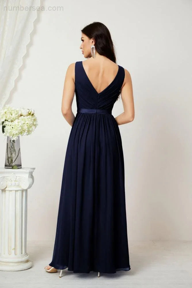 Abito da Sera Donna in Chiffon Lungo per Damigelle, Scollato, Senza Maniche, Linea A, per Feste Serali, Ballo di Fine Anno e Homecoming, Modello 2808