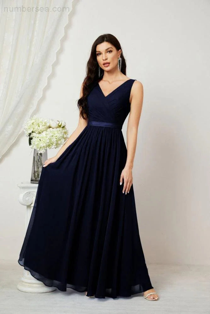 Abito da Sera Donna in Chiffon Lungo per Damigelle, Scollato, Senza Maniche, Linea A, per Feste Serali, Ballo di Fine Anno e Homecoming, Modello 2808