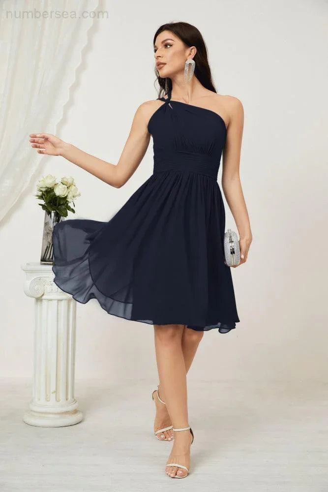 Vestido de dama de honor corto de chiffon de un hombro Numbersea para mujer Vestidos formales para fiesta y regreso a casa 2804